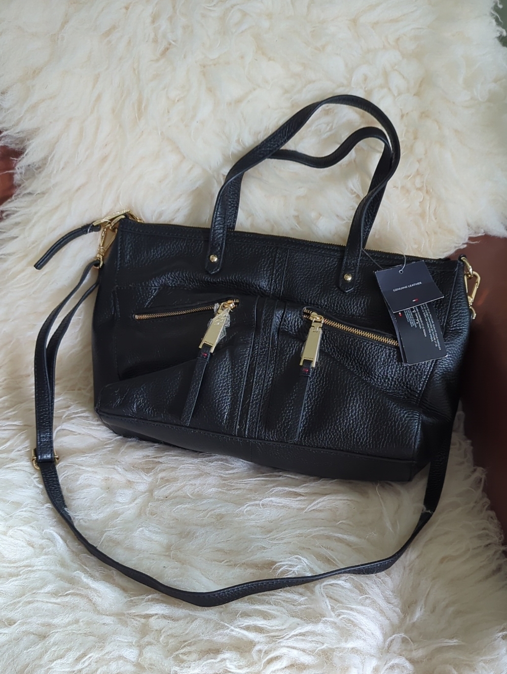 Tommy Hilfiger - Black Leather Shoulder Bag with Gold Hardware (NWT)